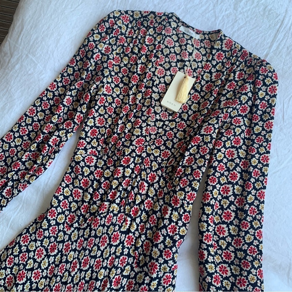 NWT Doen Charleston Deep V Neck Long Sleeve Maxi Dress Navy Bellflower Blossom - Picture 12 of 16